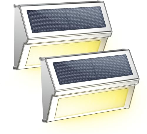 Smiling Shark Lámparas Solares Exteriore, Paquete De 2 Luz Solar Exterior Sensor de Atardecer a Amanecer IP55 Impermeable Farolas Focos Exterior Cálida Lámpara Para Camino, Solares-Luces-Exterior-LED