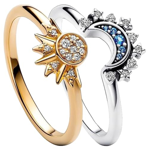 AdKot Sun Moon Rings Set 2 Stück Stapelbar Ring des Paares Bester Freund Ring Bunte Vintage Ringe Cubic Zirconia Ring Geburtstag Geschenk für Beste Freunde Frauen Mädchen