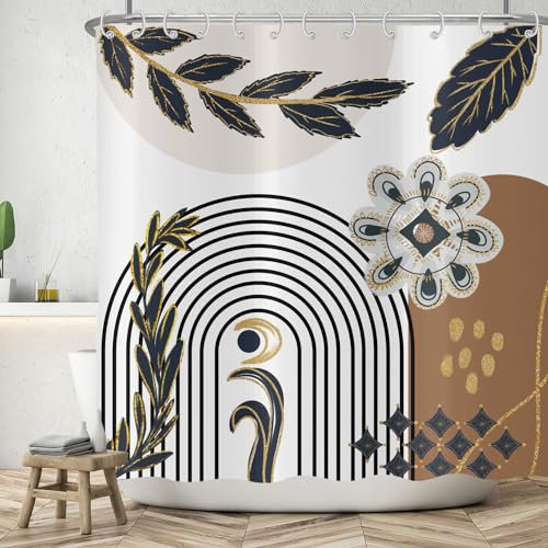 ASDCXZ Boho Duschvorhang 180x200 cm, Modern Abstrakt Boho Style Schwarz Gold Blätter Blumen Mond Braun Bad Waschbar Duschvorhänge Polyester Textil Wasserdicht Badevorhang für Badewanne mit 12 Haken