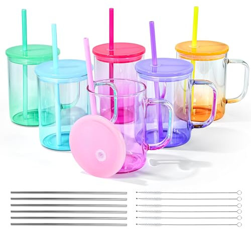 AGH Bunte Glas-Sublimationsbecher mit Deckel und Strohhalm, 473 ml, 6 Stück