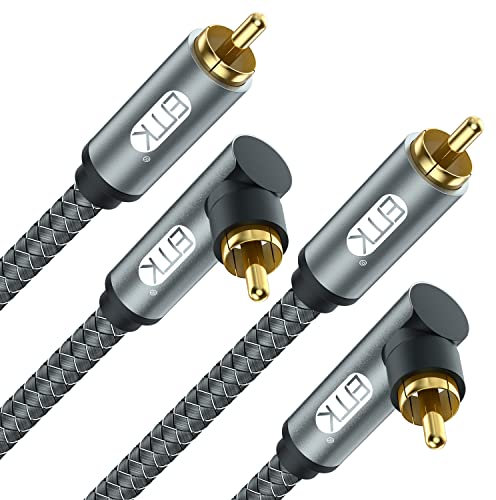 EMK Cable RCA de 90 grados, cable de subwoofer macho a macho, cable coaxial digital en ángulo recto, cable de audio RCA doble blindado con conectores chapados en oro, paquete de 2 (3 m, 2 cables RCA