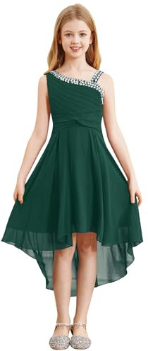 Hedmy Vestido de Gala para Niña de Las Flores Desfile Vestido Asimétrico de Gasa Plisada sin Manga Detalles con Cuentas de Lentejuelas para Fiesta de Cumpleaños Ejercito Verde 11-12 años