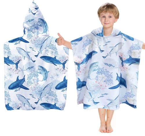 Badeponcho Kinder mit Kapuze, Mikrofaser Poncho Strandtuch, Handtuch Poncho Kinder, Badehandtuch, Badetuch für MäDchen, Jungen Kleinkind 2-8 Jahre Alt (Schule der Haie)