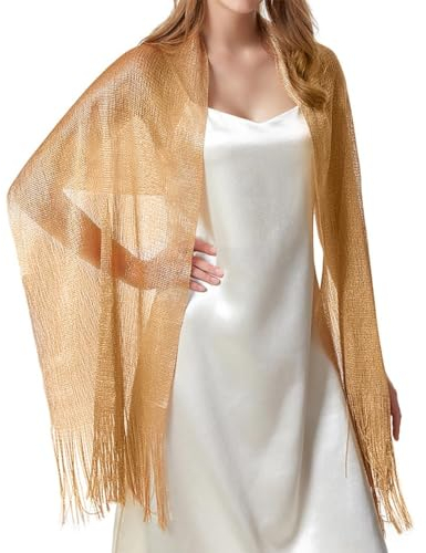 LZOWUUL 1 Stück Stola Für Abendkleid Stola Damen Festlich Spitzenschal Mit Fransen Frauen Braut Hochzeit Schal,170cm x 45cm(Gold)