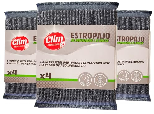 Clim Profesional -12 Estropajos Almohadilla de Acero Inoxidable. Resistente y Eficaz para Limpiezas Difíciles y Suciedad Requemada en Cocinas y Utensilios