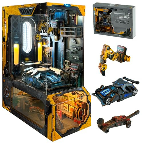 CRIOLPO Book Nook Kit-DIY Puppenhaus Holz Haus, Buch Ecke Miniatur Kit für Erwachsene Teens, 3D Holzpuzzle Bücherecke Bücherregaleinsatz mit Sensor Led Licht (Autowerkstatt)