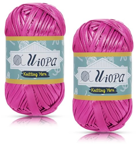 Uiopa Metallic T-Shirt Garn, 2 x 100g(2 x 45m) Bändchengarn Polyester Häkelgarn, Dickes Garn Crochet Yarn für Häkeltaschen, Körbe, Teppiche, Heimdekoration, DIY-Projekt (Rosenrot)