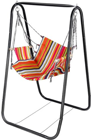 Hamaca, columpio colgante, hamaca con soporte, máximo 440 libras, silla colgante resistente para interiores y exteriores, patio, marco en forma de A, color negro