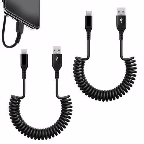Coiled USB C Cable, 2Pcs Retractable USB to USB C Cable Fast Charging for Car, Samsung Galaxy A15 A55 A54 A14 A34 5g A35 A53 S24 S23 S22 S21, iPhone 15, Google Pixel etc