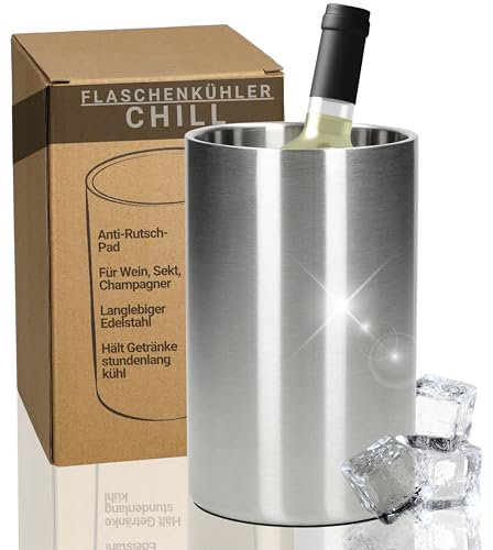 Flaschenkühler 'Chill' - Doppelwandiger Weinkühler Edelstahl Ø10cm - Getränkekühler für Wein, Sekt, Champagner und Bier - Geschenk für Weinliebhaber, Freunde, Eltern usw., Farbe:silber