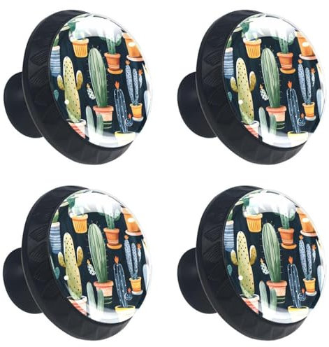 Paint Cactus Potted Plant Pattern Cabinet Knobs, 35mm Round Glass Knobs for Dressers and Drawers, Decorative Handles Pulls for Home Kitchen Bedroom, 4 Pack