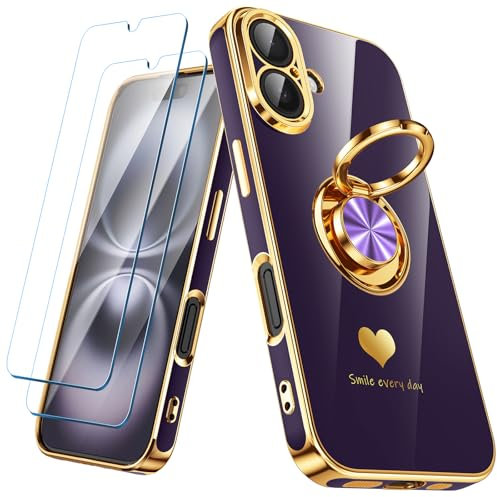 Nonional Compatible for iPhone 16 Case with 2 Pack Screen Protector, 360° Rotatable Ring Holder [Luxury Hearts Pattern] Plating Gold Edge Slim Soft Phone Cover Case for iPhone 16 - Purple