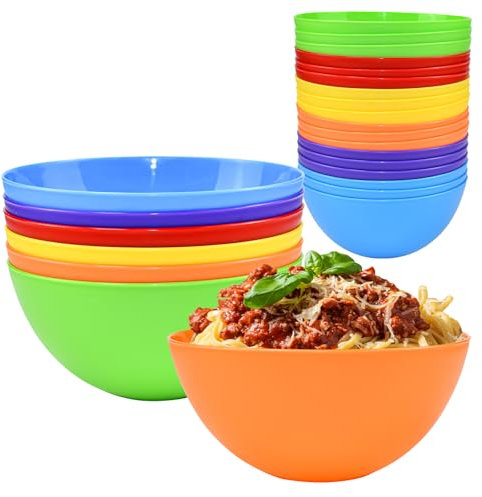HEKOBAG 24 Pièces Bol en Plastique, 709ml Saladier Plastique, Bols en Plastique Reutilisables, Bol à Soupe en Plastique, Bol Petit Dejeuner en Plastique pour Soupe, Fruit, Salade (6 Couleurs)