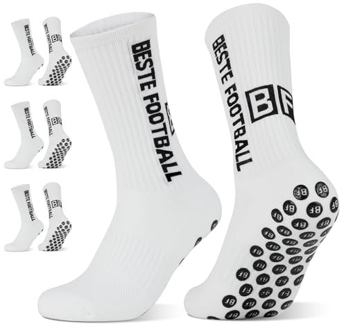 BESTE FOOTBALL Grip Socken Fussball 3 Paar 39-46 Football Socks für Herren Damen und Kinder, Anti Rutsch fußball Socken, Fußballsocken für Sport, Yoga, Tennis, Basketball, Weiß