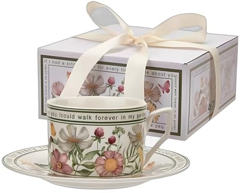 RRMMAN Taza de café y platillo juego con cuchara, taza de té de porcelana floral, platillo tazas de café, capuchino Espresso Latte taza tazas para cumpleaños fiesta regalos de boda