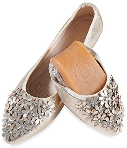 YOUNIFIZ Women's Elastic Foldable Portable Pumps Bling Beads Ballet Ballerina Flats Dolly Shoes (Flower Gold,Size 5)