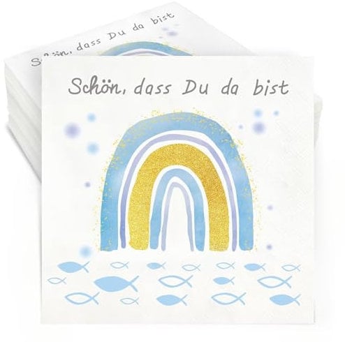Servietten Taufe Deko,40 Stück Boho Regenbogen Servietten Kommunion Blau Fisch Servietten 'Schön Dass Du Da Bist' 3-Lagig für Erstkommunion Konfirmation Deko Taufe Tischdeko Babyparty Junge,33x33cm