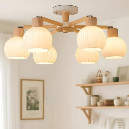 LAMPLAY Moderner Japanischer Kronleuchter Aus Holz, Ø72cm, Weißer Runder Lampenschirm, Pendelleuchte, 6 Lampenarme Aus Holz + 180°Verstellbare Leuchtenköpfe, Wohnzimmer(E27-Glühbirnen NICHT Enthalten)