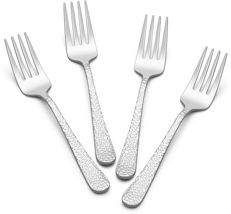 E-far Hammered Serving Forks, 4-Piece Stainless Steel Hostess Serving Utensils Set for Meat Catering Buffet Party Kitchen Restaurant, Non-toxic & Dishwasher Safe