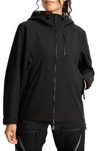 Fiosew - Giacca impermeabile da donna, in pile, antivento, leggera, con cappuccio, Nero, S