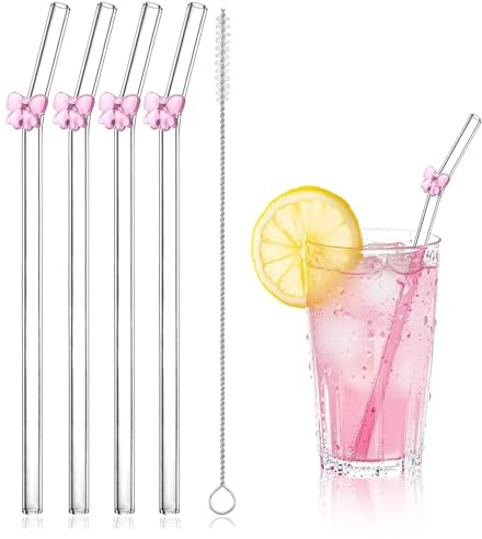 4 PCS Glass Straws,Shatter Resistant Reusable Straw with 1 Cleaning Brushes,Eco Friendly Bent Straw Reusable Glass Straws Drinking for Smoothies Milkshake and Cocktail