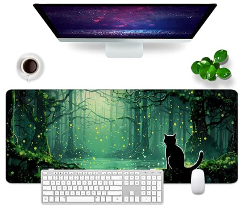 Schreibtischunterlage xl Mauspad Katze 80x30 cm Groß Gaming Mousepad PC Professionelle Gamer Mauspad Schreibtisch Zubehör Bürodekoration (Katze und Wald)