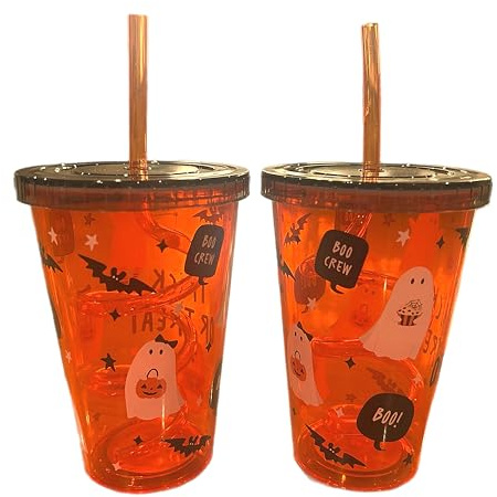 eBoutik - Set of 2 Orange Halloween Tumbler with Lids and Straws Spooky Design for Kids Party Favors or Boo Basket Gift, for Milkshakes, Juice, Ice Coffee Etc