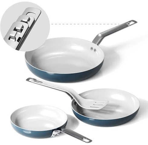 steakbear Swiss Ceramic Frying Pan Set, Floating Stackable Design – 3 Pcs (20/24/28 cm) Non Stick, PFAS/PFOA-Free Non Toxic, Induction & Oven Safe, Light Blue