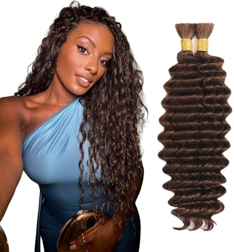 Evaxilc 32 32 Inch Deep Wave Human Hair For Braiding Menschliches Haar Unprocessed No Weft Bulk Braiding Hair Extensions For Boho Braids #4 Chocolate Brown Color 2 Bundles Total 100g one pack