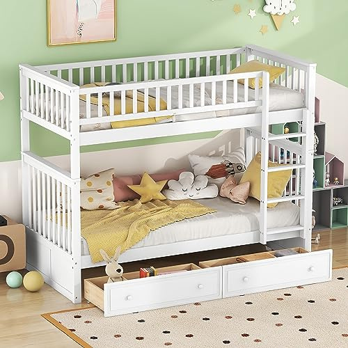 Generisch Funktionelles Etagenbett in Weiß mit 2 Schubladen – Flexibel als Doppelbett oder getrennte Einzelbetten nutzbar, massives Kiefernholz & MDF, 90x200 cm