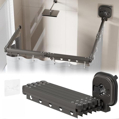 txuzong Fünffach faltbare Duschvorhangstange mit Vorhang – Aus Aluminiumlegierung mit Saugnapf-Halterung für Badewanne, Badezimmer, Schlafzimmer & Balkon – Komplettes Set inkl. Zubehör