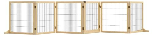 PawHut Barrera de Seguridad Perros de Madera Plegable 432x36x70 cm Natural | para Escaleras y Puertas, Valla para Perros Pequeños y Medianos de 6 Paneles, con Soporte de Pie, para Interiores