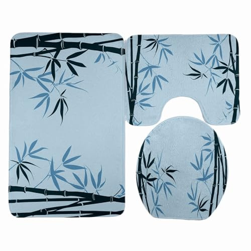 Tapis Salle de Bain Bambou Bleu Tapis WC Contour Antidérapant Absorbant Mousse Mémoire Décoration de Salle de Bain 3 Pièces Doux Lavable en Machine 50x80 cm