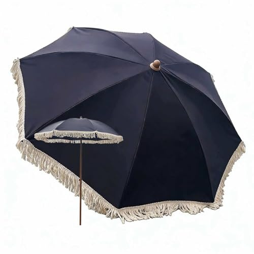 Parasol De Plage Frangé Noir De 180cm Inclinable, Parasol De Jardin Vintage - Protection Solaire Extérieure Portable Pour Piscine, Jardin, Plage Et Marchés