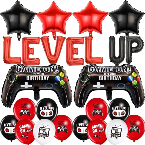 Videospiel Geburtstag Deko Party Luftballon - 25 Stück Schwarz Rot LEVEL UP Brief Folienballon Banner Gamepad Für Junge Mädchen Geburtstag Spielthemen Gamer Deko Party Dekoration