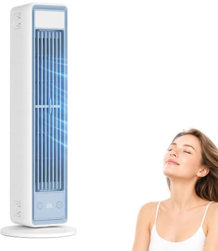 BreezaMax Smart Air Cooler Portable Air Conditioning Unit,Bladeless Fan with Remote,Airzuma Quiet 3-Speed Personal Air Conditioner, Energy Saving Cooling for Bedroom and Desk (White)