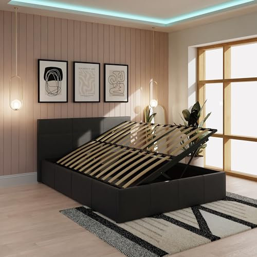 The Side Lift Faux Leather Ottoman Storage Bed - Black 4ft6 Double