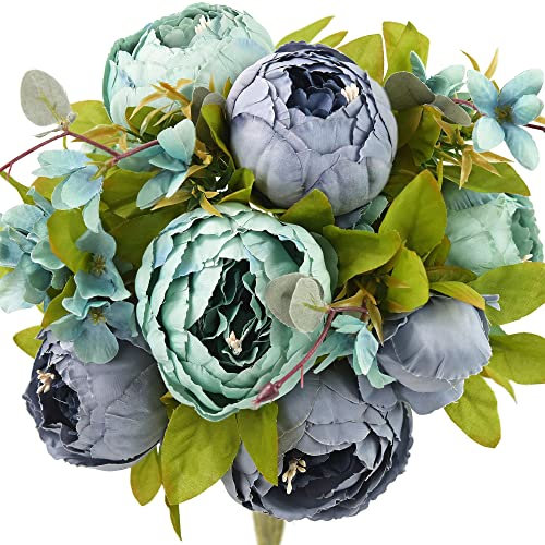 FiveSeasonStuff Vintage Artificial Flowers Mixed Blue Peony and Hydrangeas (1 Bouquet)