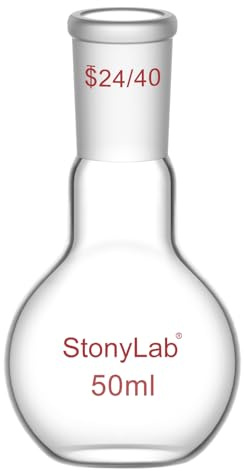 StonyLab Borosilicate Glass Heavy Wall Single Neck Flat Bottom Boiling Flask, with 24/40 Standard Taper Outer Joint, 50ml