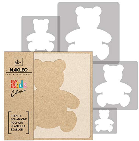 NAKLEO Schablonen Malen für Kinderzimmer, 5 Stück Set 9x9 bis 34x34cm Teddy Bär Plüsch, Wiederverwendbare Kunststoff Malvorlage Raumdekoration, Basteln DIY Wand Möbel Papier Stoff
