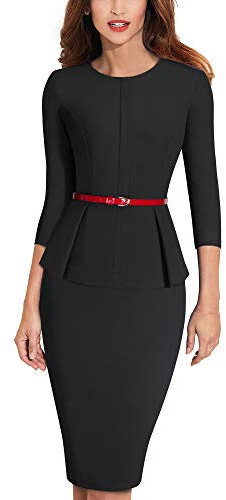 HOMEYEE Elegantes Damen Schößchen mit Rundhalsausschnitt Businesskleid B473 (EU 42 = Size XL, Schwarz)