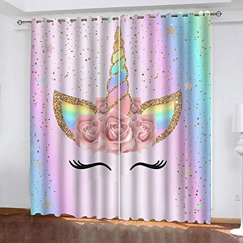 QRTQ Rideau Occultant 2 Panneaux Fleur De Licorne Arc-en-Ciel 3D Impression Rideaux De Fenêtre D'effet Thermique Insonorisation Salon Chambre à Coucher Décoration220x215cm