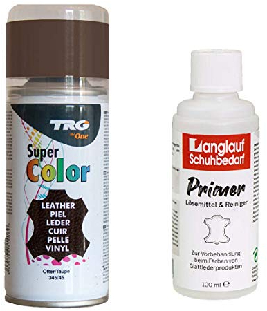 TRG Lederfarbspray 150ml Lederfarbe + Primer & Lederreiniger 100ml für Glattleder | Spray für Schuhe, Kunstleder & Stoffe, starke Deckkraft, viele Farben inkl. Metallic (taupe 345/45)