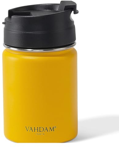 VAHDAM, Vitality Flip Thermosflasche (260ml) Trinkflasche aus Edelstahl, gelbe Wasserflasche/Thermoskanne |, umweltfreundliche und wiederverwendbare Thermosflaschen | Für heiße/kalte Getränke