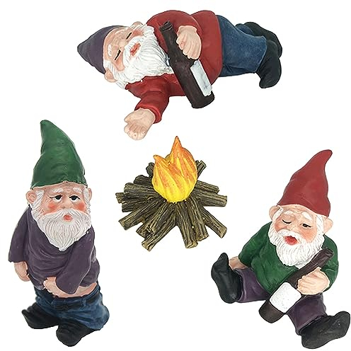 MUAMAX Miniatur-Gartenzwerge, für den Feengarten, Figuren, Feengarten-Zubehör, lustige betrunkene Miniatur-Zwerge, kleines Lagerfeuer