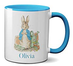 WillowGifts Personalised Classic Rabbit Mug World Book Day Artistic Gift Idea Ceramic Handle Dishwasher and Microwave Safe (Blue Handle)