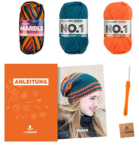 myboshi Häkelset Beanie Yogan, inkl. Marble und No.1 Wolle, Nadel und Anleitung, für Mütze und Schal, 30% Merinowolle Orange mit Häkelnadel