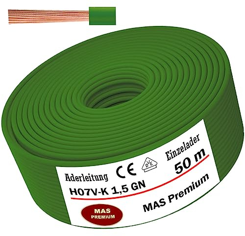 MAS Premium Aderleitung H07 V-K 1x1,5 mm² SW HBL GNGE GN RT DBL BR OR GR WS VIO U-MAR.BL oder GE Einzelader flexibel Von 5 bis 100m (Grün, 50m)