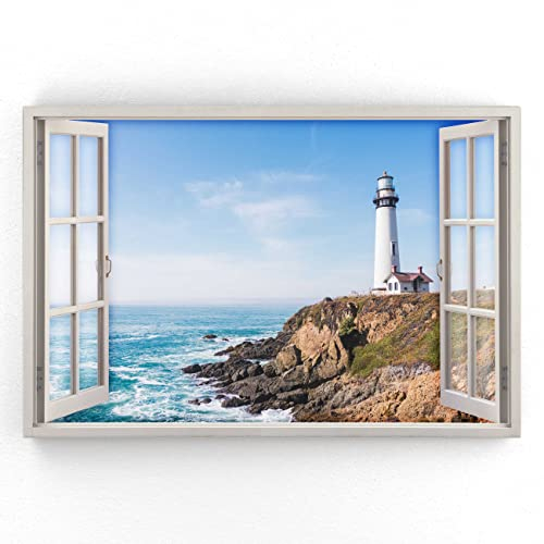 Estika - Leinwand Bilder Fensterblick - Leuchtturm, Meer - 120x80 cm - 1 teilige Wandbilder, Bild auf Leinwand, Modern Deko für wohnzimmer schlafzimmer - Natur Landschafts bilder - 5961B_1B