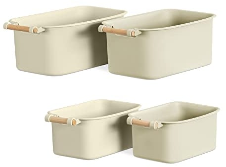Navaris 4x Aufbewahrungsbox Aufbewahrungskiste mit Holzgriff - Box Organizer zur Aufbewahrung aus Kunststoff - Kiste Behälter für Badezimmer Küche